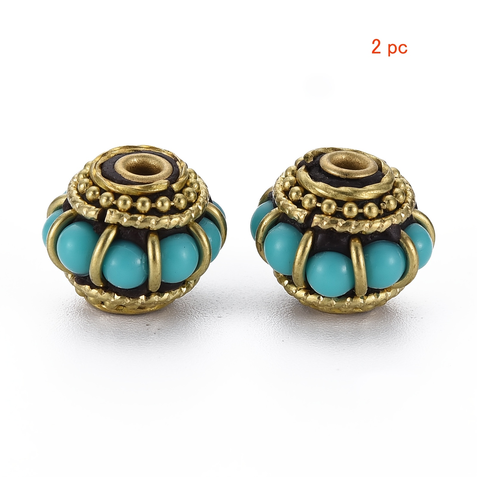 TEMU 2pcs Handmade Rondelle With Circle Indonesia Beads, With Brass Findings, Medium Turquoise, 13x10mm, Beads & Bead Assortments