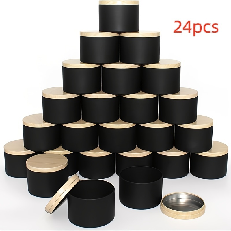 

24 bocaux à bougies noirs mats de 8 oz avec couvercles en grain de bois, contenants en métal pour la fabrication de bougies, le stockage, les bonbons, les bijoux, les bougeoirs cadeaux de Noël