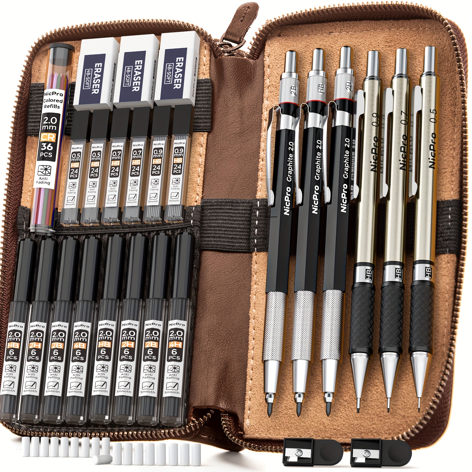 30pcs Art Mechanical Pencil Set In Leather Case, Metal Drafting Pencil 0.5, 0.7, 0.9mm & 2mm Lead Holders For Sketching Drawing With 16 Tube (4b 2b Hb 2h 4h Colored) Lead Refills