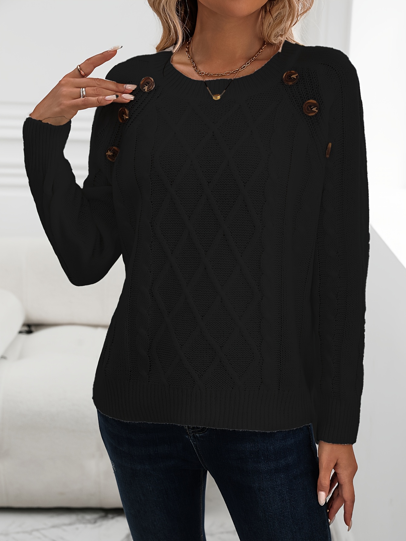 suéter punto trenzado liso pulóver casual cuello Temu Ecuador