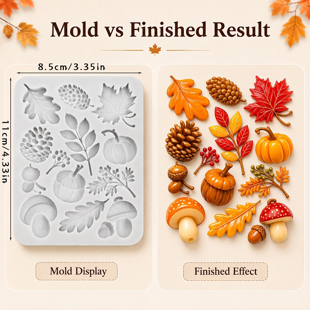 TEMU 1pc Autumn Thanksgiving Leaves Mushroom Silicone Mold, Candle Mold, Soap Mold, Resin Molds, Soft Pottery Clay Drop Glue Decorative Mold, Candle
