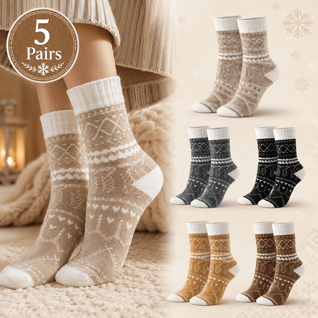 TEMU Lot de 5 paires de chaussettes mi-hautes d'hiver chaudes pour femme, couleurs aléatoires, chaussettes épaisses en jacquard à motif géométrique