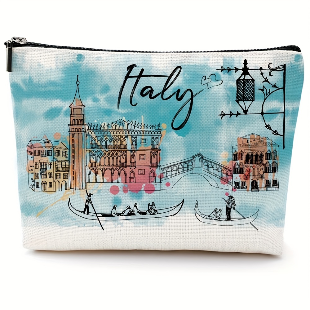 

1pc Italy Travel Themed Fabric Cosmetic Bag, Watercolor City Scenery Makeup Pouch, Souvenir Gift For Italy Lovers, Girls Trip Favors, Birthday, Christmas, Bachelorette Party Present