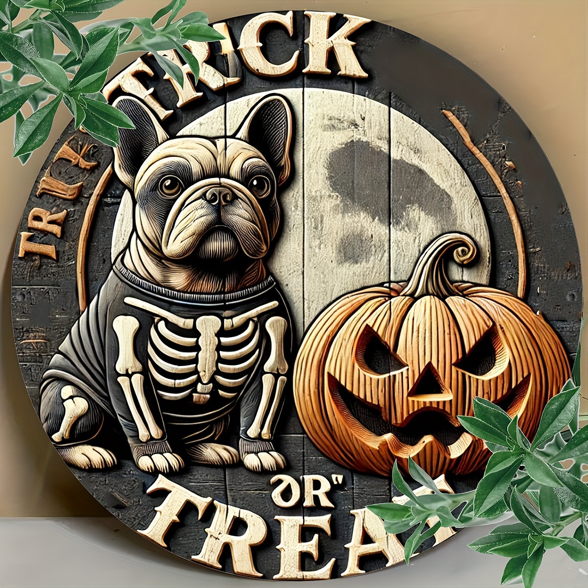 

French Bulldog Skeleton Aluminum Wall Art - Vintage Style Metal Decor For Home, Office, Bedroom, Kitchen, Dining - Durable, Easy To Hang, Unique Gift Idea - Trick Or Treat Pumpkin Design