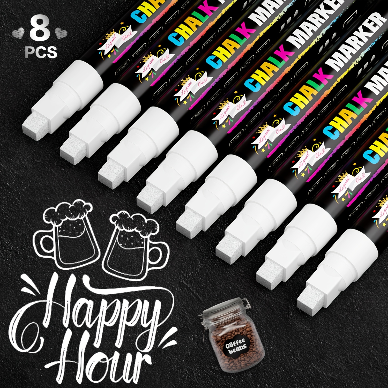 Image of 8 White 6mm Thick Large Chalk Markers, Erasable Liquid Chalk, Bright Colors, Layered, Suitable For Blackboards, Windows, Glass, Mirrors, Cars, Posters, Pubs, Diy Cars