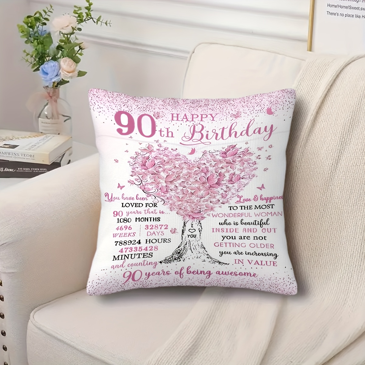 TEMU 1pc 90th Birthday Floral Pillow Cover - French Style Soft Plush Decorative Cushion Case With Zipper Closure, Single-sided Print For Sofa Bedroom