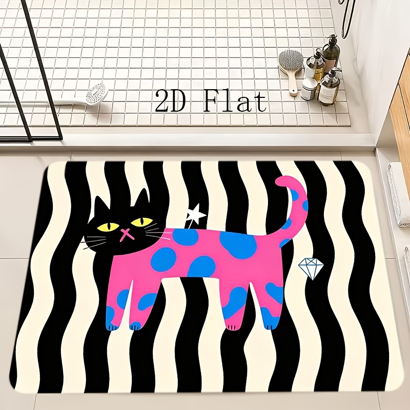 TEMU 1pc Black Cat Bath Mat With Pink Point And Star Diamond Design, Fleece Material, Machine Washable, Suitable For Entrance, Bathroom, Outdoor