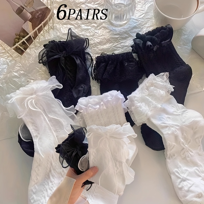 Black And White 6-pair Lace Trimmed Socks Set - Women's Black White Lace Trimmed Short Socks, Classic Versatile, Wear