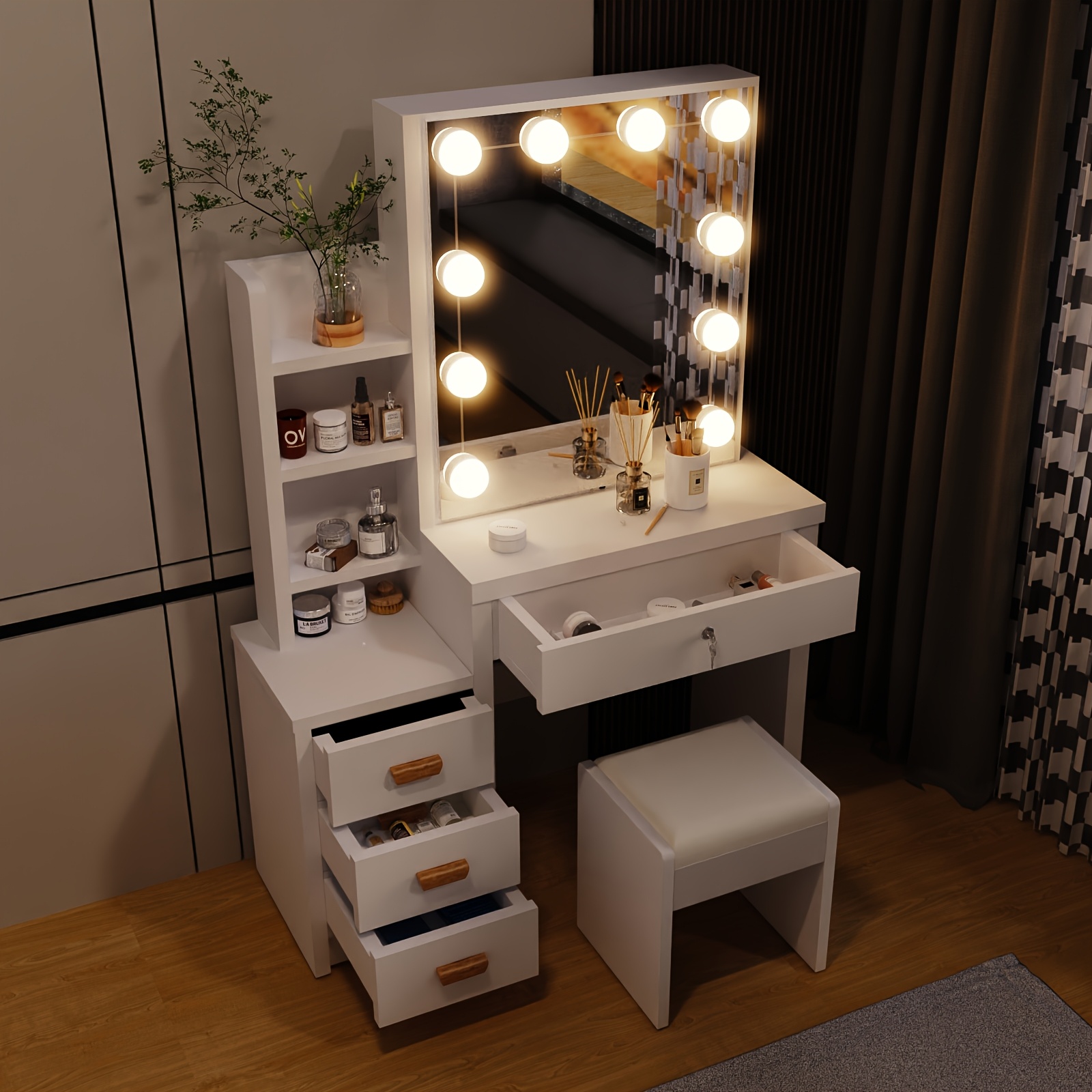dressing table with mirror and stool white makeup vanity desk dressing table with drawers open shelves   bedroom dressing tables with 10 led lights adjustable brightness