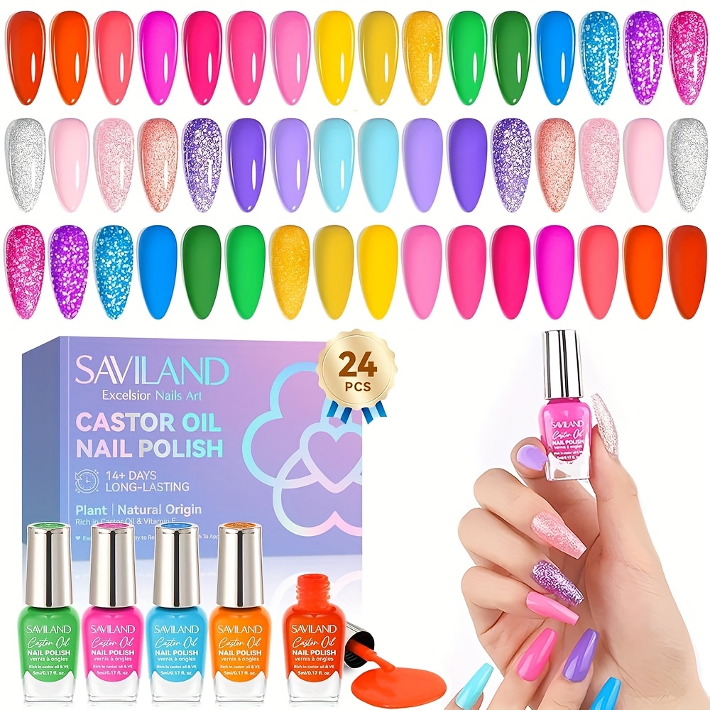 TEMU Saviland Nail Polish Set Quick-dry: 24 Locked Regular Nail Polish Kit Neon Glitter Finger Bulk Nail Polish Non Gel Plant-base Castor Oil Vitamin E Toe Nail Lacquer Gift Set Women