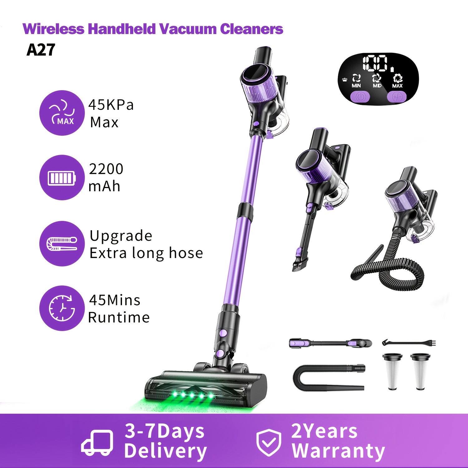 TEMU High Suction For Home Cordless Vacuum Cleaner, 10-in-1 Upright Vacuum Cleaner With Upgraded Extra Long Hose, Resistant Brush, Green Led Lights,