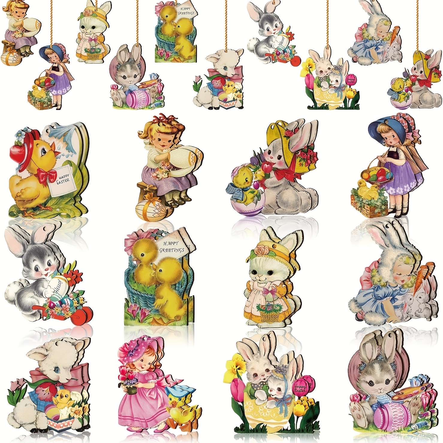 

24pcs Vintage Wooden Easter Hanging Ornaments Set, Assorted Styles, Versatile Holiday Decorations, With Rabbits, Lambs, Eggs, Ducks For Christmas, Halloween, Easter, 's Day & More