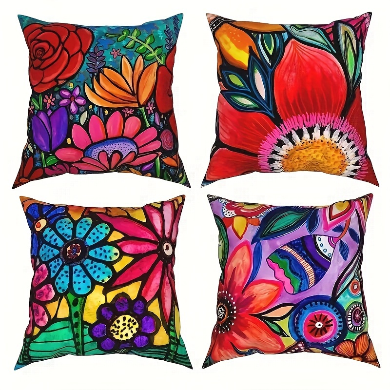 

4pcs Short Plush Mexican Style Flower Sunflower Throw Pillow Covers (18x18 Inches) Cushion Cover Couch Sofa Pillow Cases For Living Room Car Bedroom & Office (cushion Is Not Included)