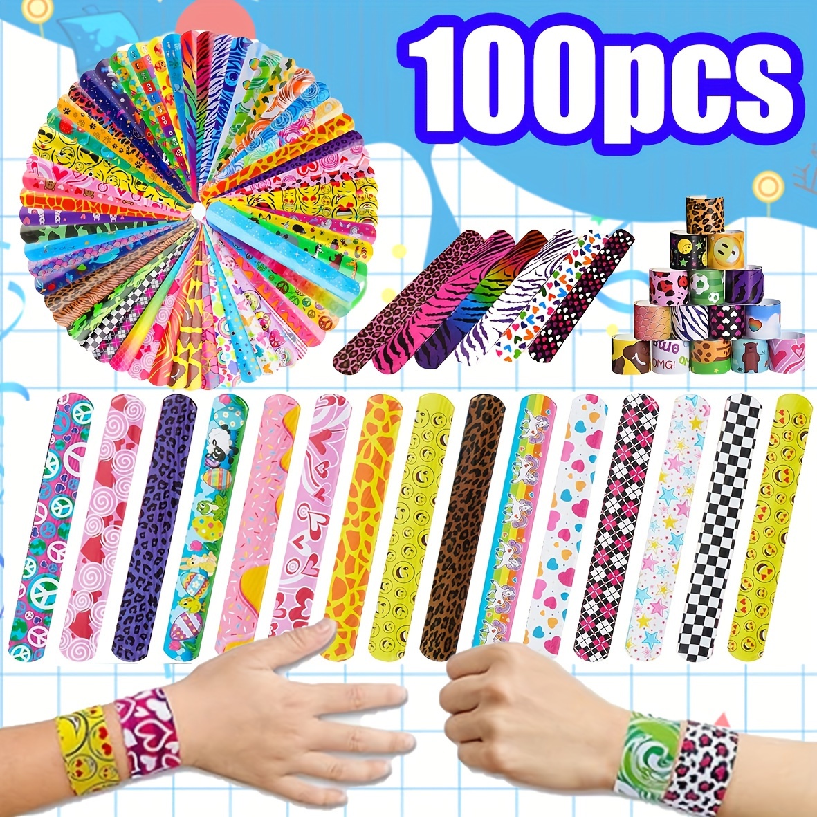 

100-piece Slap Bracelets - Perfect For Birthday Parties & Favors, Featuring Cute Hearts & Animal Designs, 1 Size Fits All