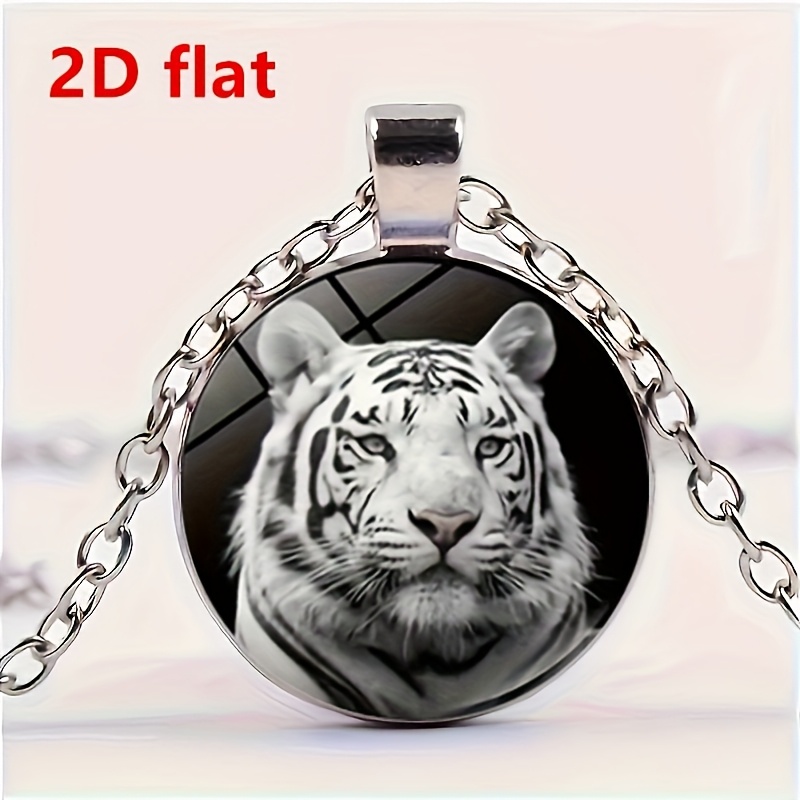 Unisex White Tiger Pattern Glass Pendant Necklace