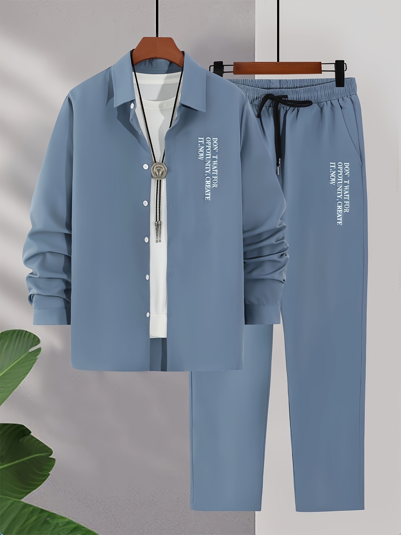 Men's 2pcs Casual Outdoor Set: Printed Long Sleeve Button-Up Shirt & Drawstring Pants - Durable Polyester, Machine Washable, Ideal for Spring/Fall