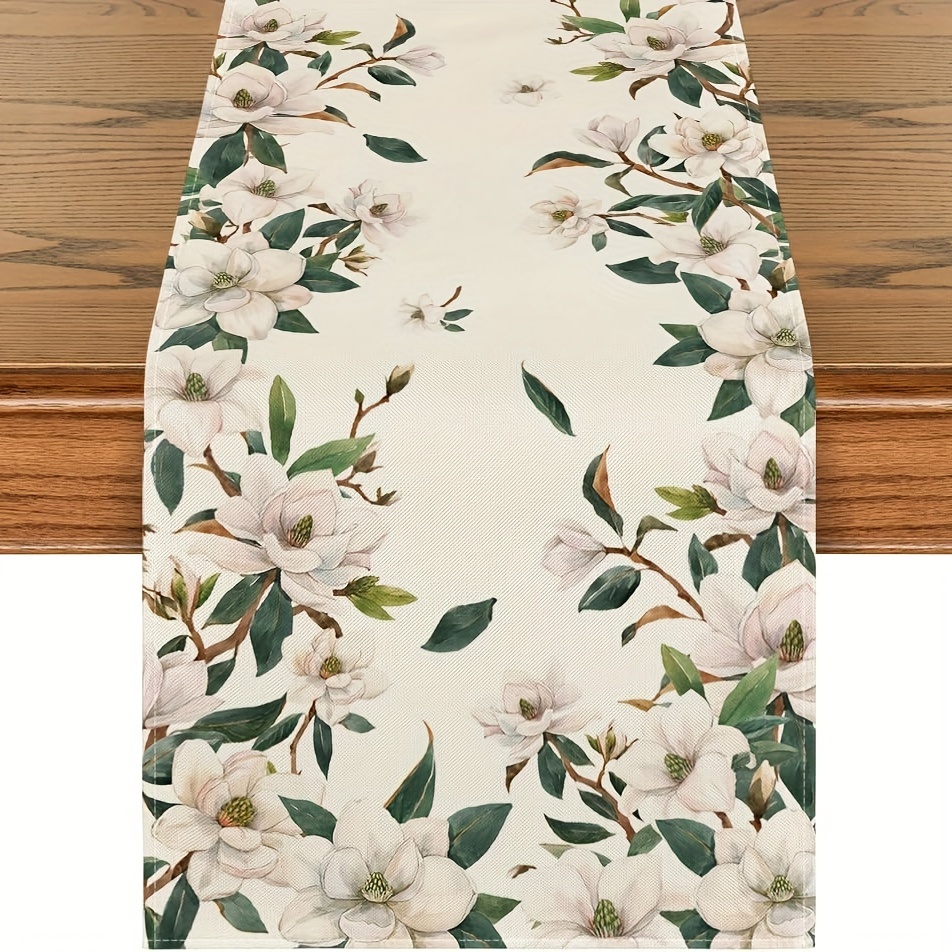 

1pc, Linen Table Runner, Camellia Flowers And Leaves Printed Table Runner, Seasonal Spring Theme Table Runner, Home Party Decor, Ideal Kitchen Dining Decoration