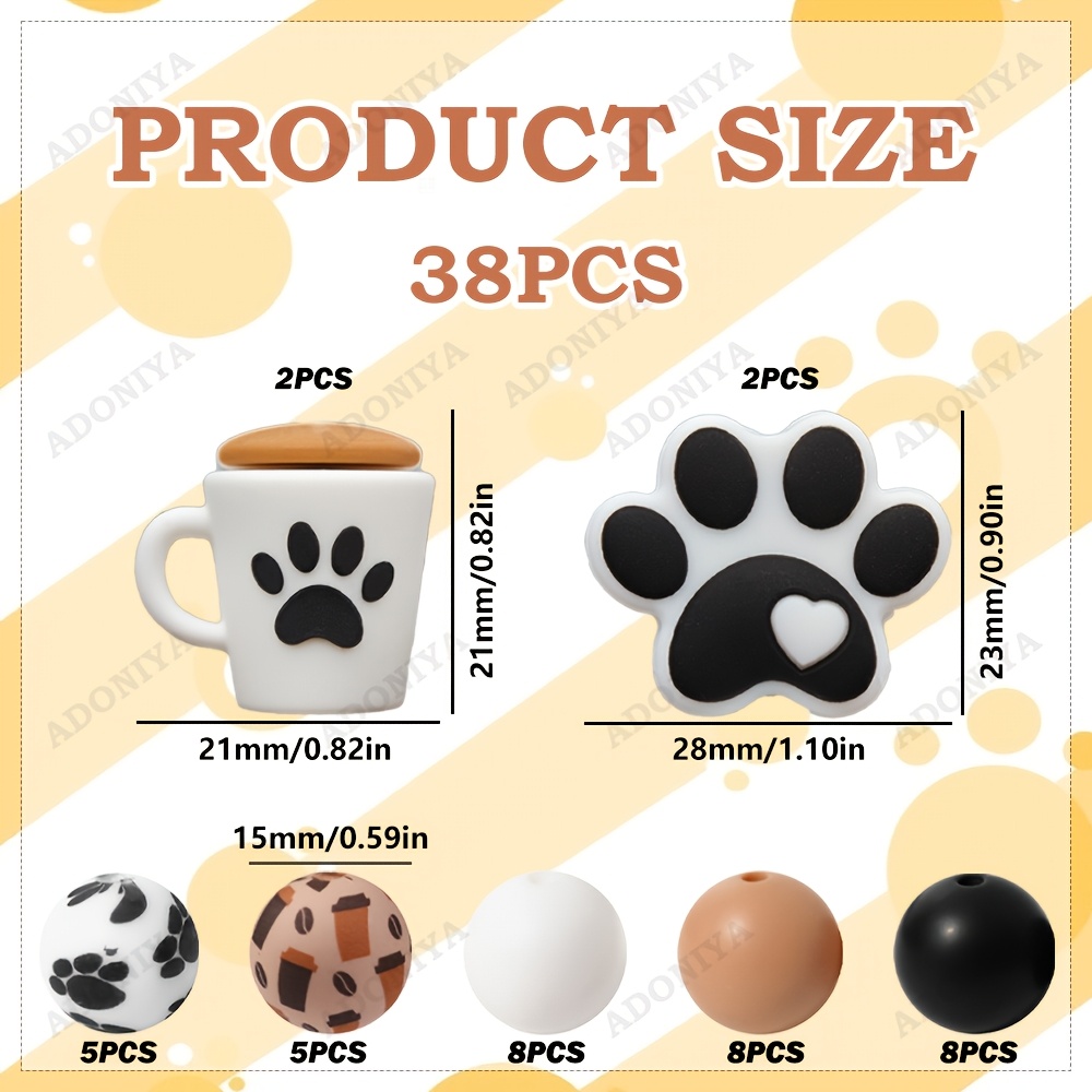 TEMU 38pcs Dog Paw Coffee Beads - Coffee-themed Suitable For Jewelry Making, Diy Crafts With Round Beads, 15mm Colored Beads For Earrings, Necklaces,