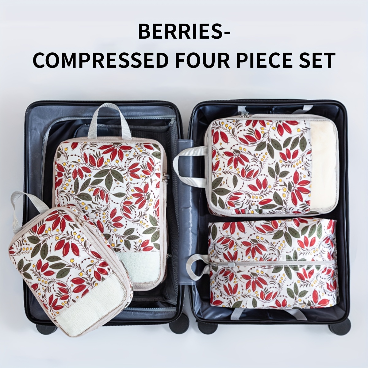 TEMU 4pcs Elegant Printed Travel Organizer Set - Compressed Pack Cube, Suitable For Toiletries, Cosmetics, Clothes, Shoes | Durable Polyester, Hand