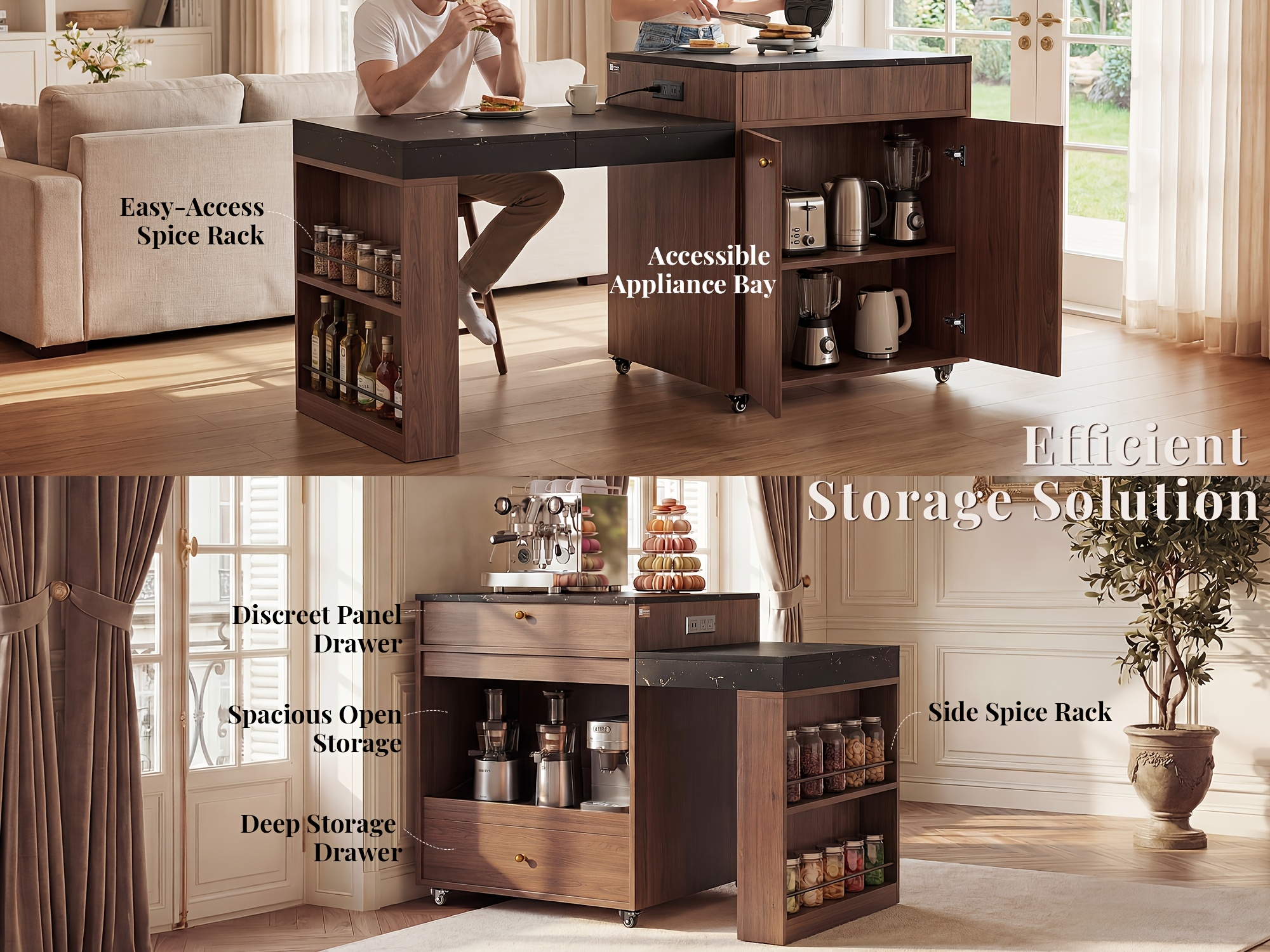 78.6 Inch Extendable Rolling Kitchen Island with Storage Drawers Open Shelves, Mobile Kitchen Cart, Drop-Leaf Breakfast Bar for Dining Room