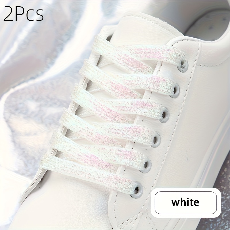 TEMU 2pcs, Stylish White Canvas Sports Shoelaces, Colorful Glitter, Summer Glossy, Suitable For Any Occasion, Suitable For Men And Women