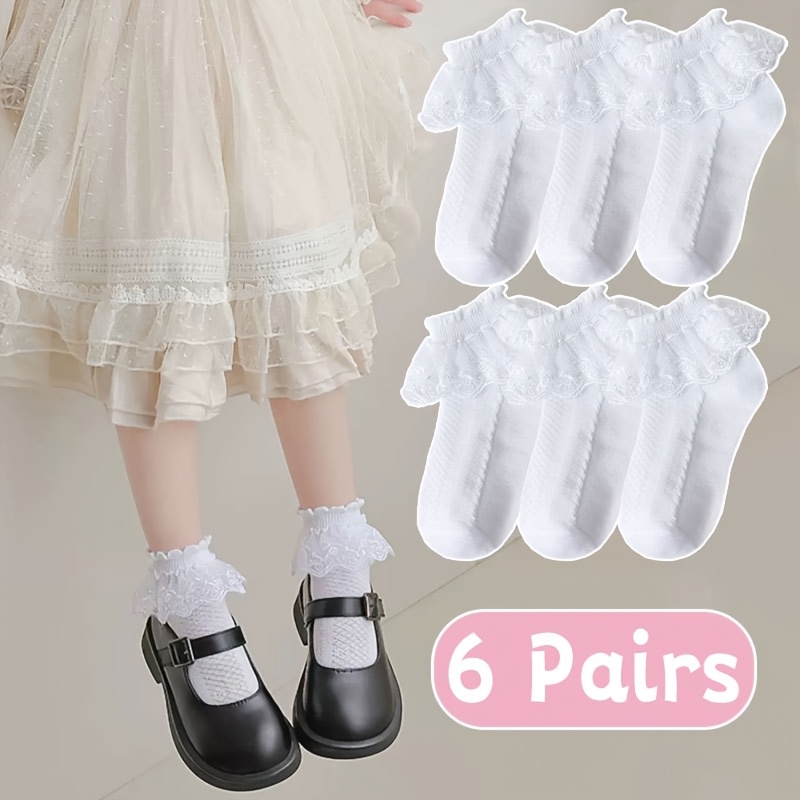 6 Pairs Of Girls' White Lace Socks, Cute, Fall And Winter Clothes
