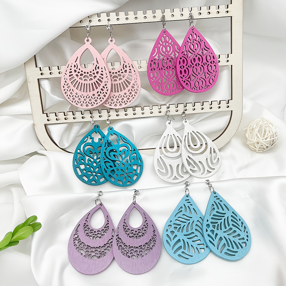 6 Pairs Ethnic Style Wooden Hollow Pendant Earrings Set