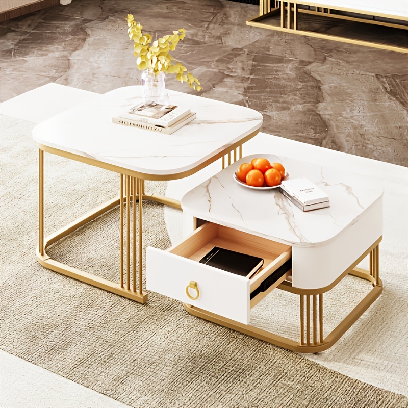 TEMU Nestable Coffee Table: Shiny Surface, Golden Details, End Table Featuring Drawers. Set Of Two, Elegant And Minimalist