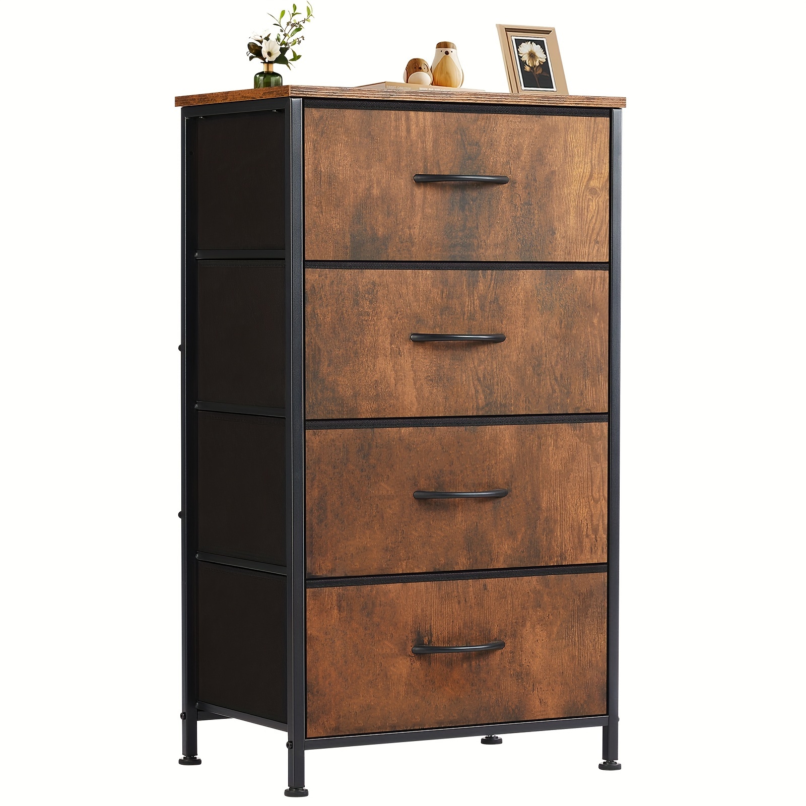 

Dresser For Bedroom, Storage Drawers, Skinny Fabric Storage Tower With 4 Drawers, Tower Organizer Unit, Chest Of Drawers With Wooden Top For Closet, Nursery, Laundry, Entryway