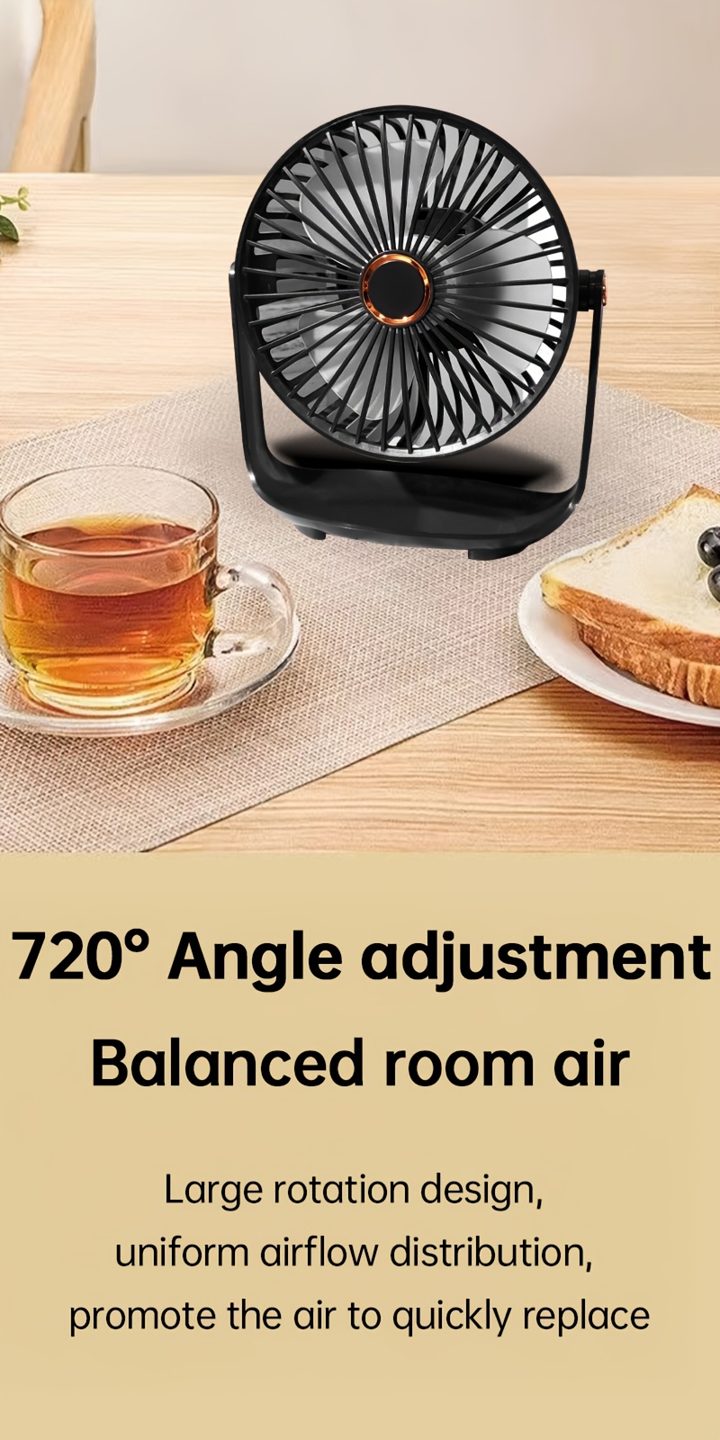 portable mini desktop fan with night light 5 speed usb rechargeable cooling fan silent rotating personal fan for home office bedroom dorm indoor outdoor summer gift school supplies birthday christmas fishing camping travel polished plastic button control 1200mah lithium battery with cord details 2