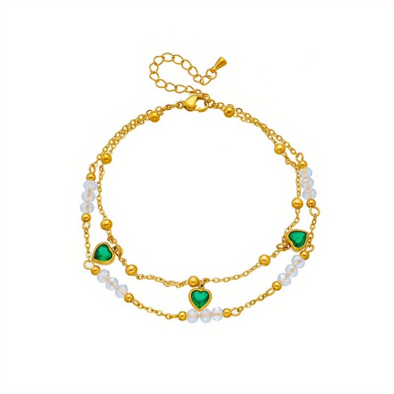 Light Luxury Golden Stainless Steel Ankle Chain, Green Hearts