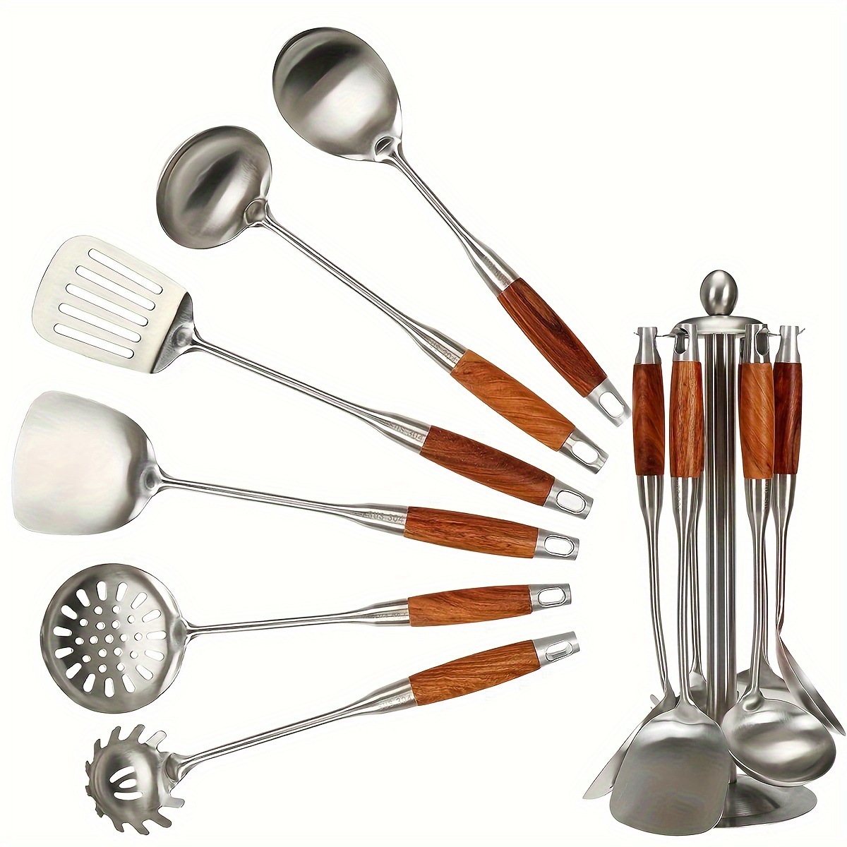 

6-piece Stainless Steel Spatula Household Kitchenware Set With Anti-slip And High-temperature Resistant Kitchen Supplies And Storage Rack