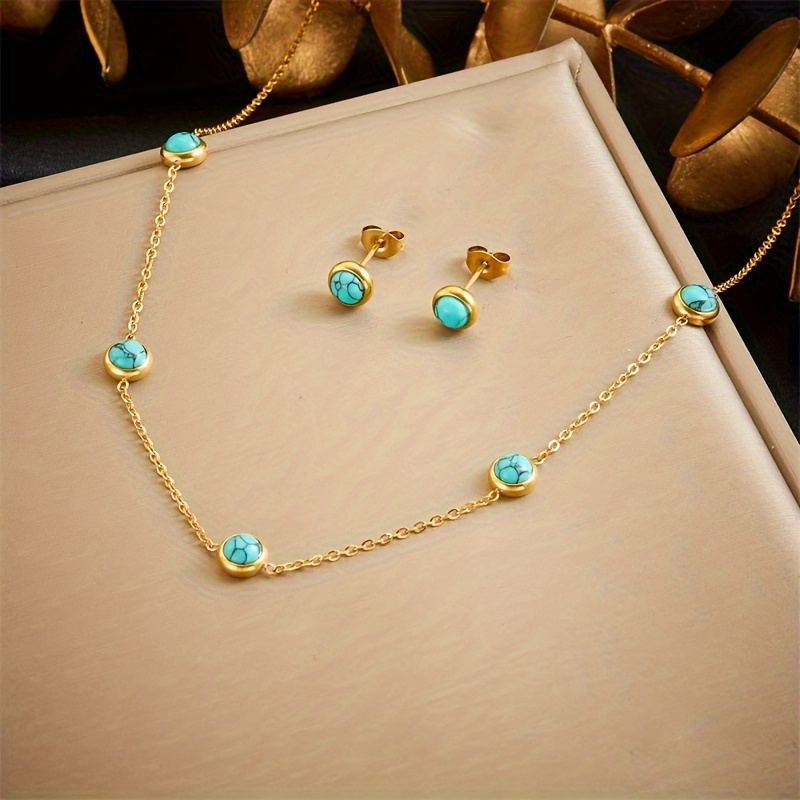 

Chic Turquoise-inspired Stainless Steel Jewelry Set - Minimalist Necklace & Earrings For Casual Attire