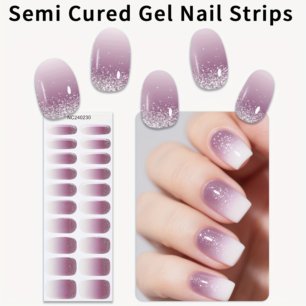 Image of 20pcs Semi Cured Gel Nail Strips, Purple Gradient Glitter Self-adhesive Gel Nail Full Wraps, Easy To Manicure, Chip Resistant, Suitable For Women's Home Nail Supplies