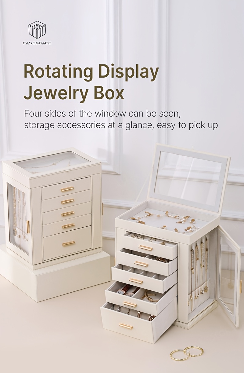 1pc   360 rotating jewelry organizer   drawer large capacity   leather storage with transparent   modern elegant design for necklaces rings earrings watches perfect gift for women valentines day mothers day birthday necklace display     construction home decor lovers jewelry boxes Product details 0