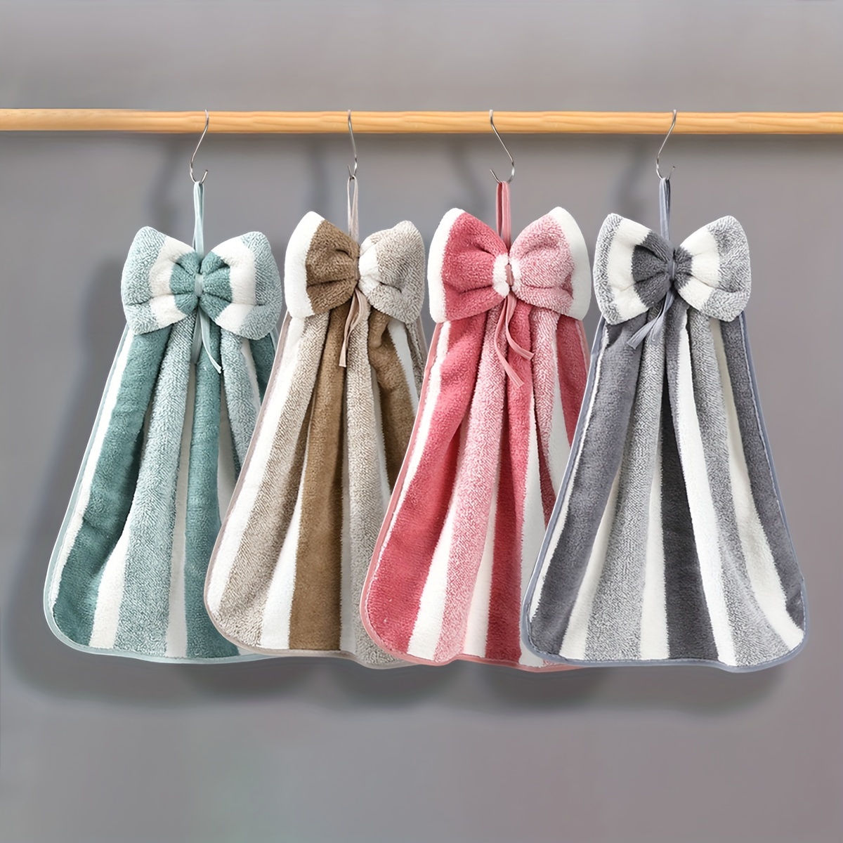 

4pcs Coral Velvet Hanging Towels - Soft, Absorbent, Quick-dry Bathroom Towels With Decorative Bow, Striped Design (teal, Brown, Pink, Gray), Bath Towels