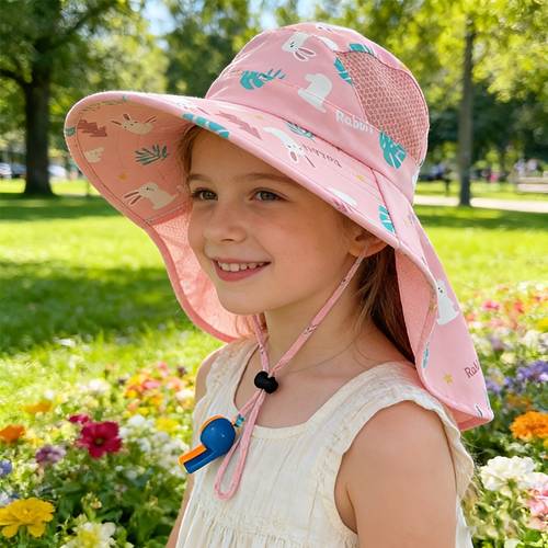 1pc quick drawing breathable cuteprinting design sun hat with neck flap adjustable summer beach hat suit for outdoor activities