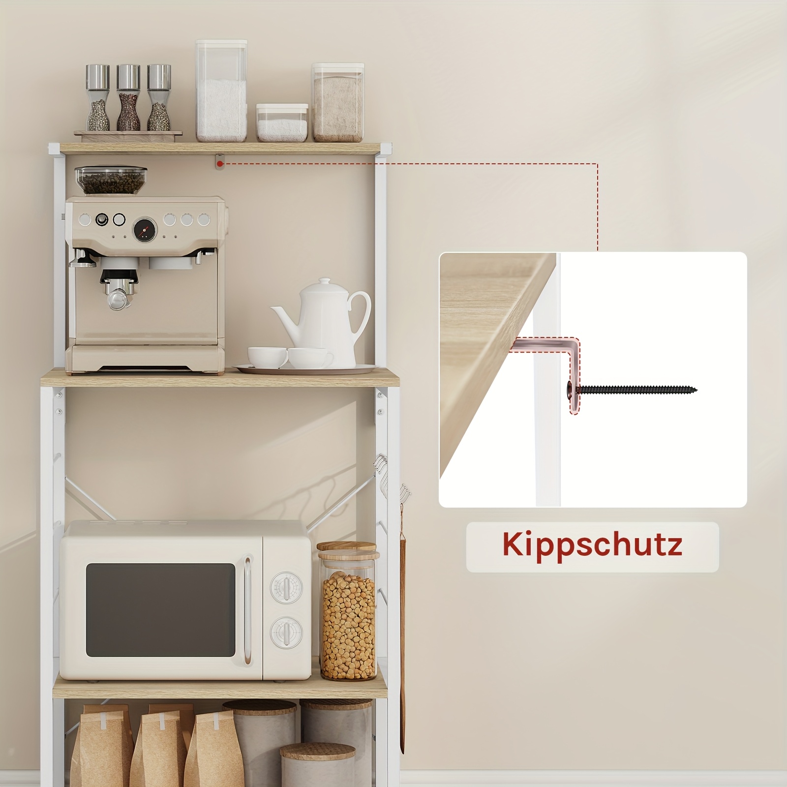 1 étagère de cuisine sur pied, étagère pour micro-ondes, étagère à pain, étagère de ménage, chêne clair + blanc