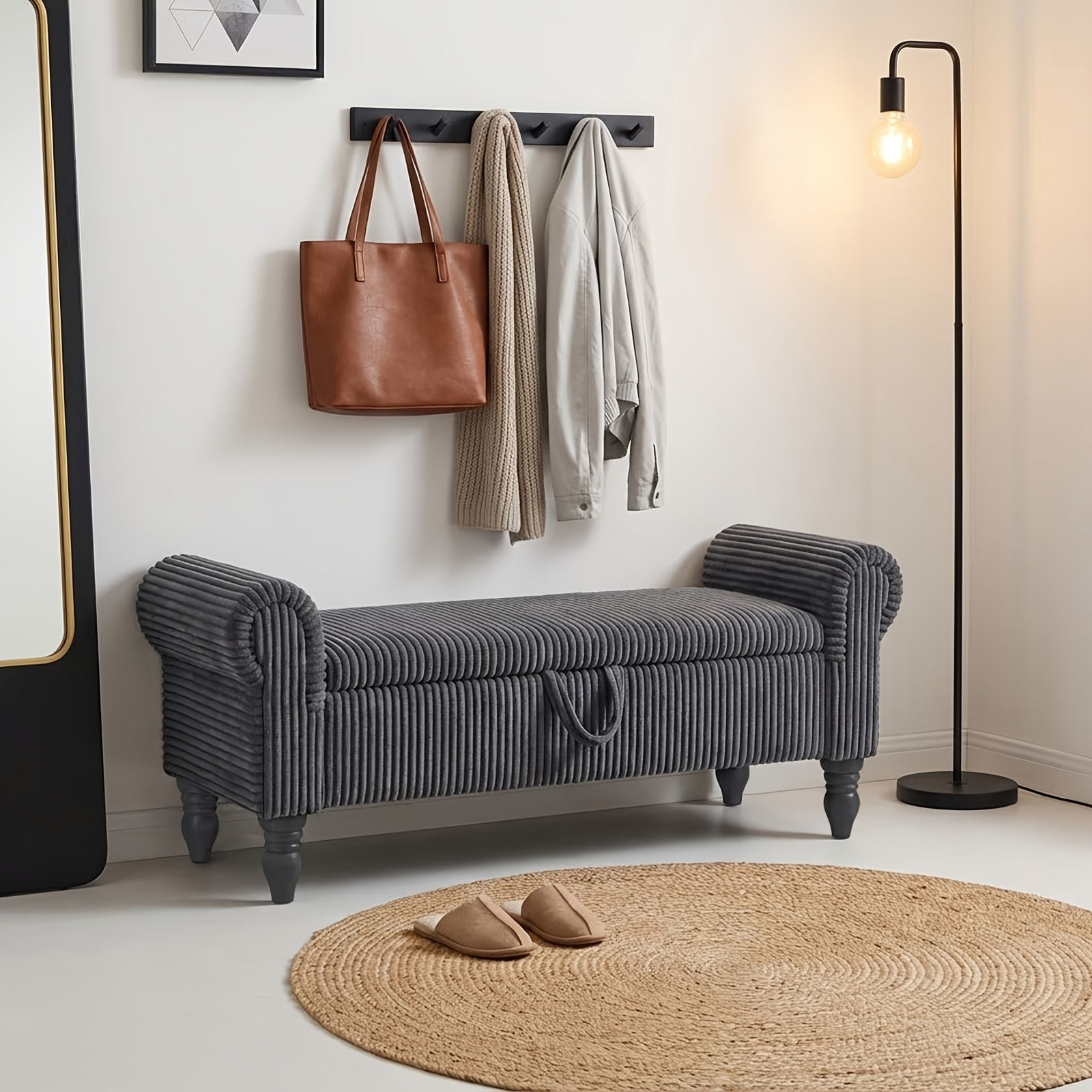 ATOMHAUS Upholstered Storage Bench for Bedroom End Of Bed Rolled Armed Corduroy Linen Fabric Ottoman Couch Long Bench Window Sitting Fireplace Toy Storage Bench Living Room Furniture