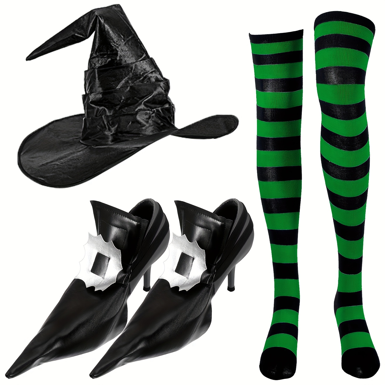 Witch Costume Shoe Covers, Striped Thigh High Socks And Witch Hat Set  Pointy Witch Shoe Decor For Costumes (Black, Green)