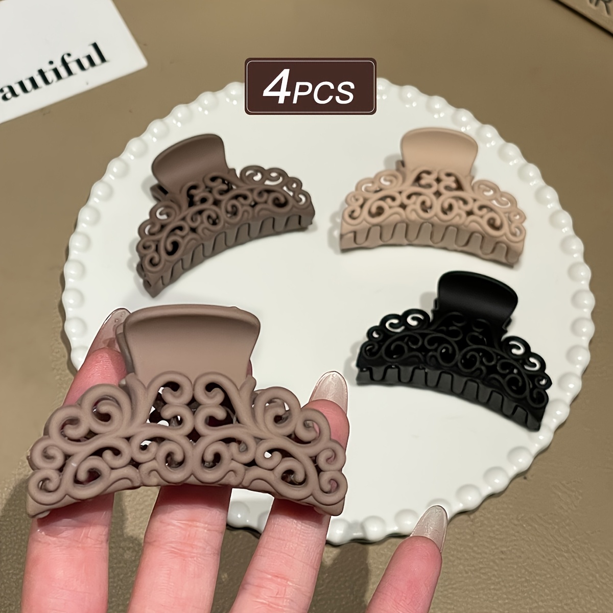 Image of 4pcs Set Of Women's Fashionable Hollow-out Korean Style Medium Hair Claw Clips, Half-up Hairstyle Shower Hair Clips, Frosted Elegant Shark Clip Hair Accessories For Daily Use
