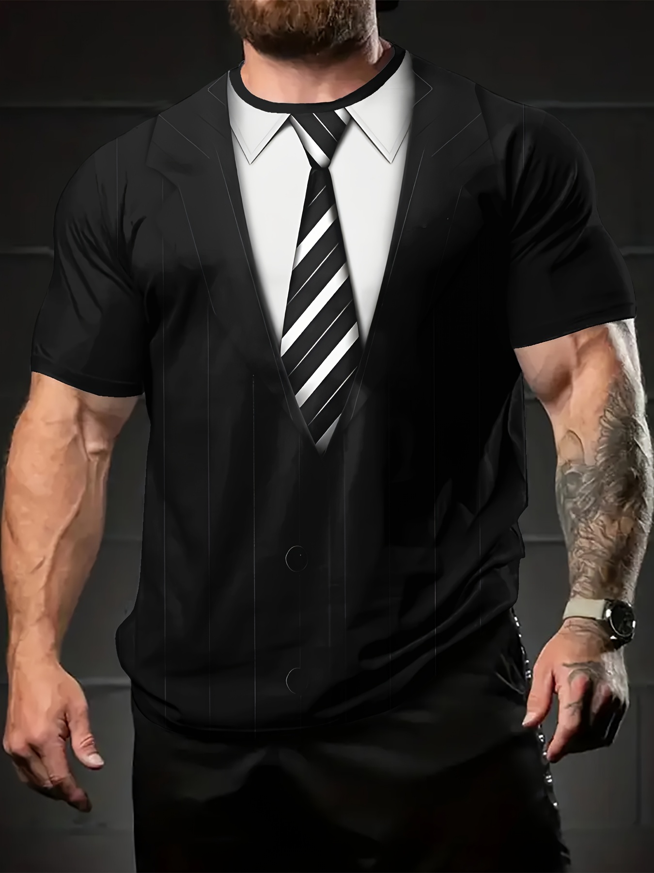 camiseta casual negra hombre estampado traje chic corbata Temu