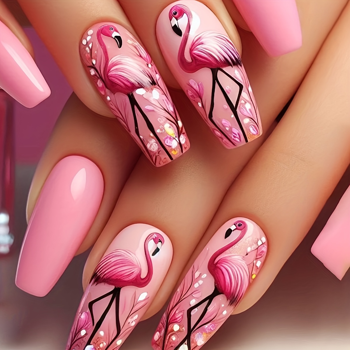 24pcs Coffin-shaped Nails Feature A Pink Crane With A Soft Pink Blend And Are Press-on False Nails