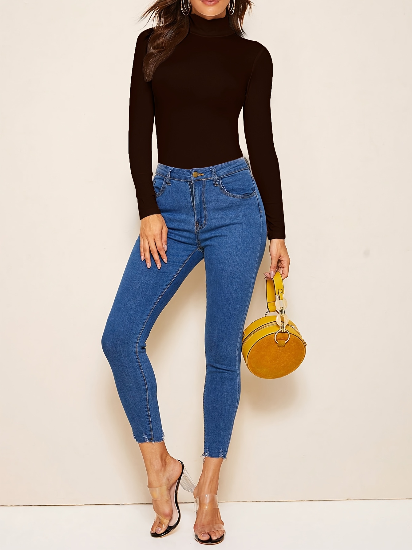 Solid Color Mock Neck T-Shirt, Versatile Long Sleeve T-Shirt For Spring & Fall, Women's Clothing