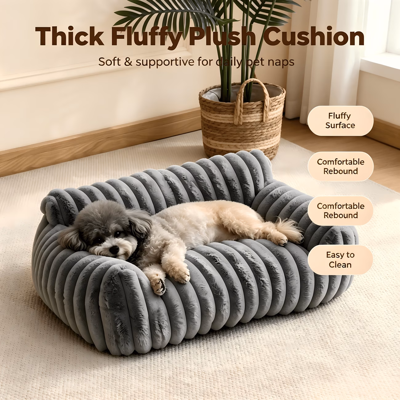 plush pet sofa bed high back comfortable cat couch soft ribbed dog bed for small dogs cats raised edge cushion pet sleeping bed with non slip multi scene furniture s size 19 69 15 75 7 8in Product details 2