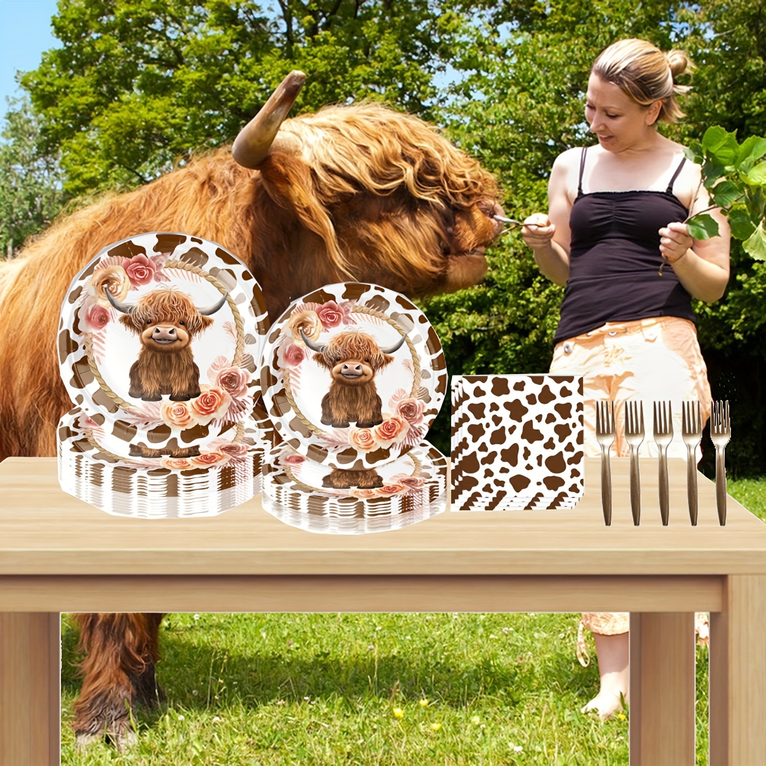 

80pcs Highland Cow Party Supplies - Serve For 20 Guests With Brown Cow Plates, Napkins, Forks - Highland Cattle Dinnerware Decorations Ideal For Western Farm Animals Themed Birthday Parties