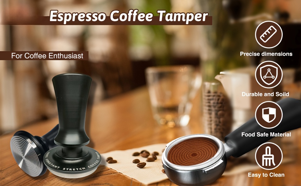 premium stainless steel espresso tamper with calibrated spring 51 53 53 7 58mm sizes   carbon brazed coffee tamper with ripple base for perfect ground distribution espresso accessories details 0