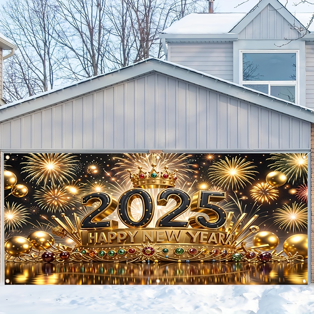 

2d Door Banner 1pc 2025 Happy New Year Fireworks Garage Door Banner Flag - Polyester 100% Multipurpose Decoration With Sparkling Golden Balloons Design, No Electricity Needed, 157x71 Inch