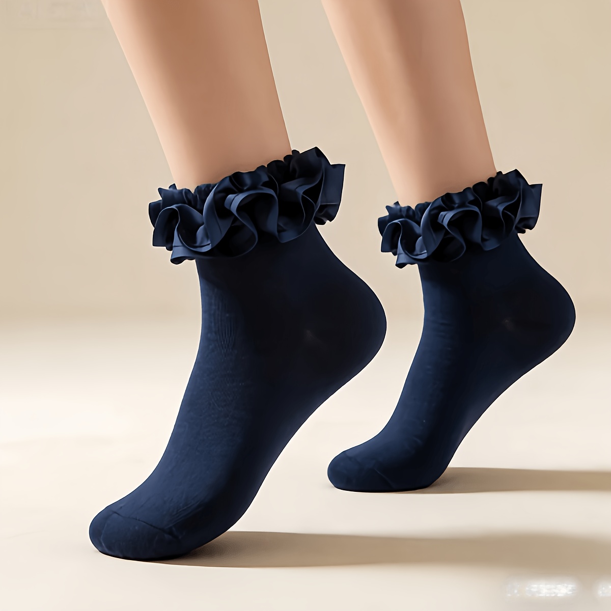 TEMU 1-pair Women's Navy Blue Ruffle Trim Slouch Socks - Solid Color Lace Edging Mid-calf Socks Suitable For Dance Gifts, Daily Wear, Commuting,