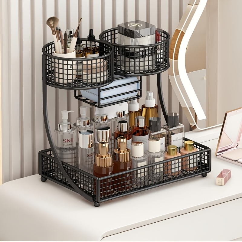 2-tier Organizer With Tissue Holder, 2 Round Baskets For Cosmetics, Skincare, Brushes, Kitchen Counter & Fruit Storage